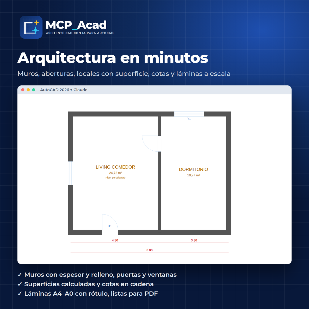 Arquitectura: muros, aberturas, locales con superficie y cotas